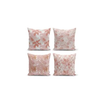 Set 4 fețe de pernă decorative Minimalist Cushion Covers Pink Leaves, 45 x 45 cm