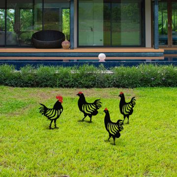 Set decoratiuni pentru gradina, Chicken Family / 4, Metal, Negru