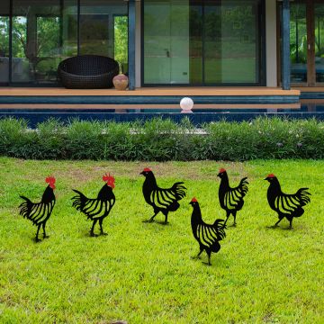 Set decoratiuni pentru gradina, Chicken Family 6, Metal, Negru
