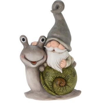 Decoratiune de gradina Gnome and snail, 28x20x43 cm, oxidat de magneziu