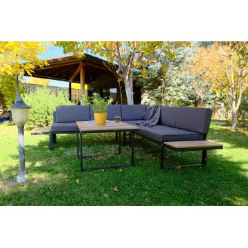 Set mobilier de gradina, Valovi, Mers Corner, Metal, Negru / Lemn / Gri