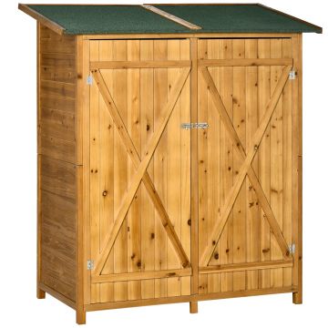 Outsunny Magazie de Gradina din Lemn cu 2 Usi cu Taburet Inalt cu 2 Rafturi si Acoperis Hidrofug, 140x75x157 cm | Aosom Romania
