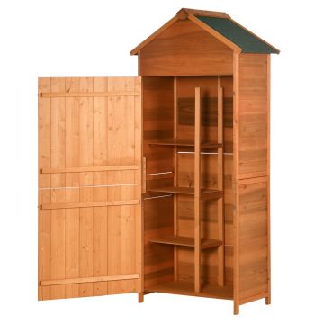Outsunny Sopron de Gradina din Lemn cu 2 Usi, Dulap de Exterior Depozitare Unelte cu 3 Rafturi, 84x52x188cm