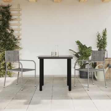 vidaXL Set mobilier de grădină, 3 piese, gri&negru, poliratan și oțel