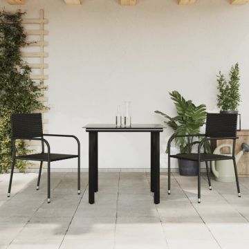 vidaXL Set mobilier de grădină, 3 piese, negru, poliratan și oțel
