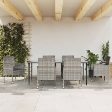 vidaXL Set mobilier de grădină, 7 piese, gri&negru, poliratan și oțel