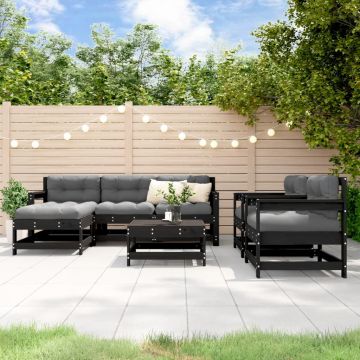 vidaXL Set mobilier de grădină cu perne, 7 piese, negru, lemn masiv