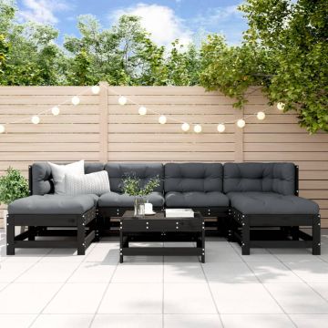 vidaXL Set mobilier de grădină cu perne, 7 piese, negru, lemn masiv