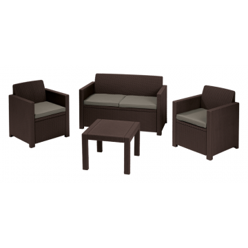 Set mobilier de gradina, 4 piese, Keter Alabama, plastic, 2 scaune 65 x 67 x 77cm, canapea 129 x 67 x 77 cm, masa 59 x 59 x 43cm, maro