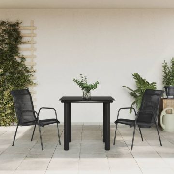 vidaXL Set mobilier de grădină, 3 piese, negru, textilenă și oțel