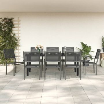 vidaXL Set mobilier de grădină, 9 piese, negru, oțel și textilenă