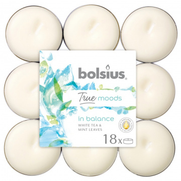Set 18 lumanari parfumate tip pastila Bolsius, alb, ceai alb si menta