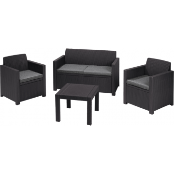 Set mobilier de gradina, 4 piese, Keter Alabama, plastic, 2 scaune 65 x 67 x 77cm, canapea 129 x 67 x 77 cm, masa 59 x 59 x 43cm, gri antracit