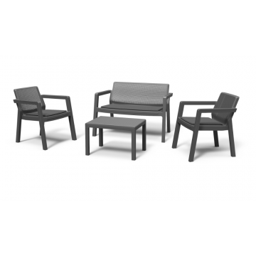 Set mobilier de gradina/balcon, 4 piese, Keter Emily, plastic, 2 scaune 68 x 64 x 75cm, canapea 111 x 68 x 75 cm, masa 65 x 47 x 42cm, gri antracit