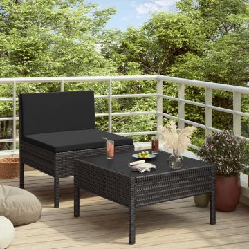 vidaXL Set șezlonguri de grădină, 2 piese, cu perne, negru, poliratan