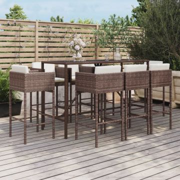 vidaXL Set mobilier bar de grădină, cu perne, 9 piese, maro, poliratan
