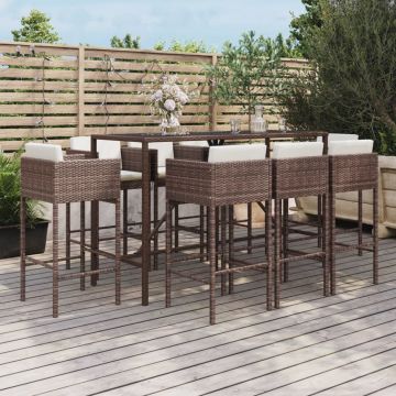 vidaXL Set mobilier bar de grădină, cu perne, 9 piese, maro, poliratan