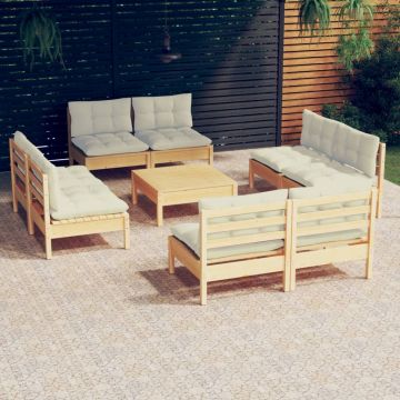 vidaXL Set mobilier grădină cu perne, 9 piese, crem, lemn de pin