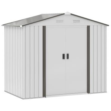 Sopron de gradina din tabla de otel, casuta de gradina cu usi glisante, pentru depozitare si organizare 213x130x185 cm, alb Outsunny | Aosom Romania