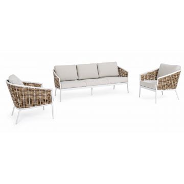 Set mobilier pentru gradina / terasa, Maribela Alb / Natural, canapea 3 locuri + 2 fotolii