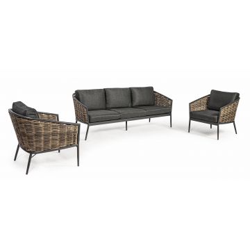 Set mobilier pentru gradina / terasa, Maribela Antracit / Natural, canapea 3 locuri + 2 fotolii