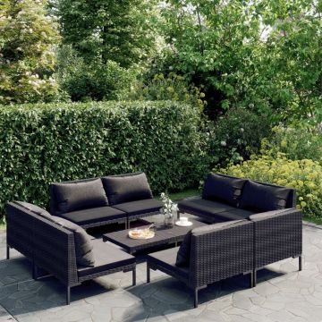 vidaXL Set mobilier de grădină cu perne 9 piese gri închis poliratan
