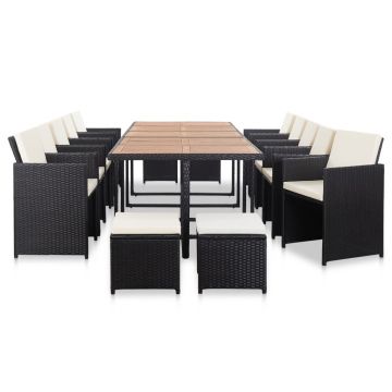 vidaXL Set mobilier de exterior cu perne, 15 piese, negru, poliratan