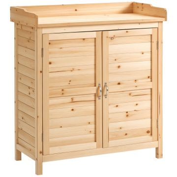 Dulap de exterior Outsunny cu 2 rafturi din lemn de brad cu design înălțat și 2 uși, 83x40x92 cm, culoarea lemnului | Aosom Romania