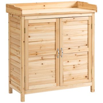 Dulap de exterior Outsunny cu 2 rafturi din lemn de brad cu design înălțat și 2 uși, 83x40x92 cm, culoarea lemnului | Aosom Romania