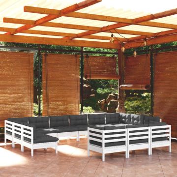 vidaXL Set mobilier de grădină cu perne, 13 piese, alb, lemn de pin