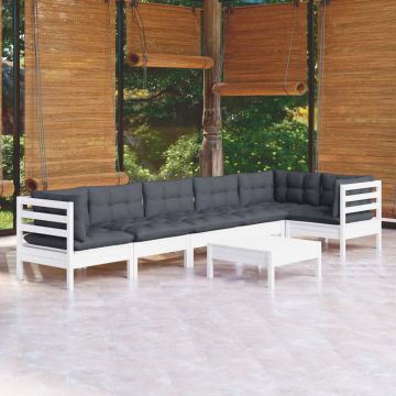 vidaXL Set mobilier de grădină cu perne, 7 piese, alb, lemn de pin