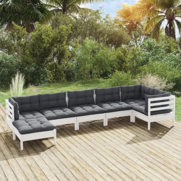 vidaXL Set mobilier de grădină cu perne, 7 piese, alb, lemn masiv pin
