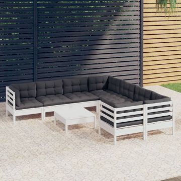 vidaXL Set mobilier de grădină cu perne, 9 piese, alb, lemn de pin