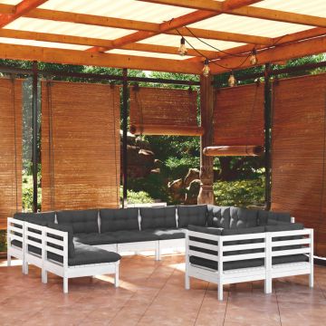 vidaXL Set mobilier grădină cu perne, 11 piese, alb, lemn masiv de pin