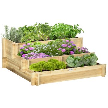 Outsunny Jardiniera pentru plan de cultivare inaltat pe 3 niveluri din lemn de brad, culoare lemnului, 93x93x35 cm | AOSOM RO