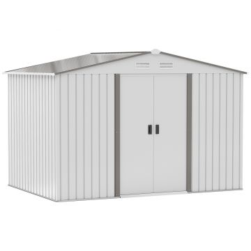 Outsunny Magazin de gradina cu usi glisante duble, sopron de gradina din otel si PP, casuta de gradina 277x195x192cm, argintiu | Aosom Romania