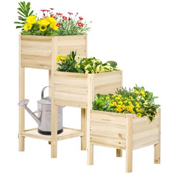 Outsunny Pat de Grădină Înălțat pe 3 Nivele cu Raft de Depozitare, Cutii de Plantare Înălțate din Lemn, 125x45x108 cm, Lemn Natural  | Aosom Romania