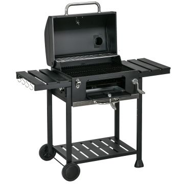 Outsunny Grătar cu Tavă de Cărbune Reglabilă, Grilaj de Grătar din Oțel Galvanizat cu Rafturi de Depozitare, 120x64x114 cm, Negru | Aosom Romania
