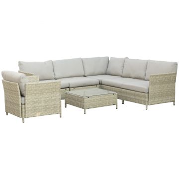 Set Mobilier Grădină Modular 7 Piese, Măsuță, Fotoliu, Canapele Ratan PE, Perne Incluse, Bej | Aosom Romania