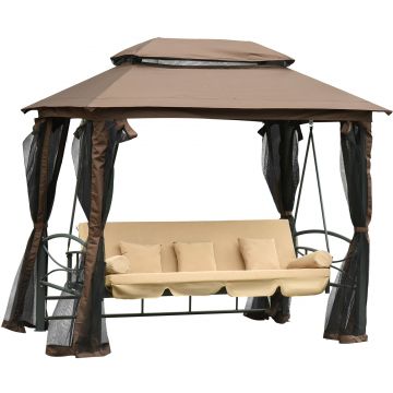 Outsunny Balansoar 3 Locuri de Gradina Convertibil in Pat cu Foisor, cu Plasa Impotriva Tantarilor si Perne, 257x175x240cm Bej | Aosom Romania
