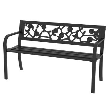 Outsunny Banca de Terasa, Canapea cu Cadru Metalic cu Spatar cu Model Floral pentru Gradina, Cotiere, pentru Gradina, Veranda, Negru