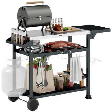 Outsunny Carucior Masa pentru Gratar cu Masa Laterala Pliabila, Blat din Otel Inoxidabil, Carucior Portabil pentru Gratar cu 2 Roti, 6 Carlige