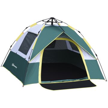 Outsunny Cort pentru Camping pentru 2 Persoane, Cort pentru Exterior Automatic Pop Up cu Copertina, Buzunare Interioare si Covoras, 205x195x135cm