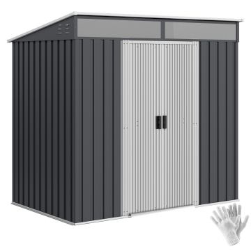 Outsunny Magazie 6,5 x 4 FT din metal galvanizat cu fundatie pentru gradina, Depozit cu incuietoare pentru unelte, Gri