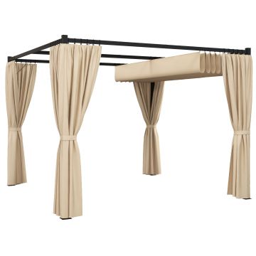 Outsunny Pergola 3 x 3(m) cu acoperis copertina retractabila si perdele, Foisor de exterior cu cadru metalic pentru gradina, Adapost de soare