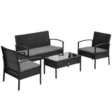 Outsunny Salon pentru Exterior cu Canapea 2 Locuri, 2 Fotolii si Masuta din Ratan PE, Set de Gradina 4 Piese Maro | Aosom Romania