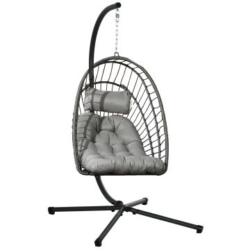 Outsunny Scaun Balansoar pentru Exterior cu Pernă Căptușită, Scaun Suspendat cu Coș Pliabil și Suport Metalic, 100x131x194 cm, Gri | Aosom Romania