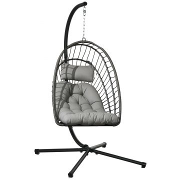 Outsunny Scaun Balansoar pentru Exterior cu Pernă Căptușită, Scaun Suspendat cu Coș Pliabil și Suport Metalic, 100x131x194 cm, Gri | Aosom Romania