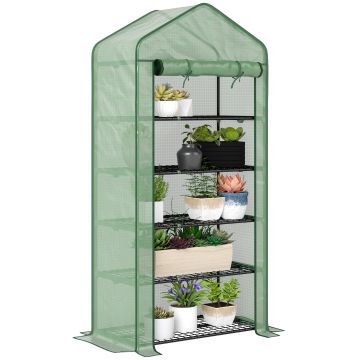 Outsunny Seră Mini pe 5 Niveluri cu Husă Ranforsată, Seră Portabilă cu Ușă Rulabilă și Rafturi de Sârmă, 193x90x49 cm, Verde | Aosom Romania