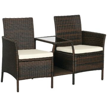 Outsunny Set de 2 Scaune din Ratan cu Măsuță de Ceai, Canapea pentru 2 Persoane pentru Exterior cu Perne, 38x60x87 cm, Maro | Aosom Romania